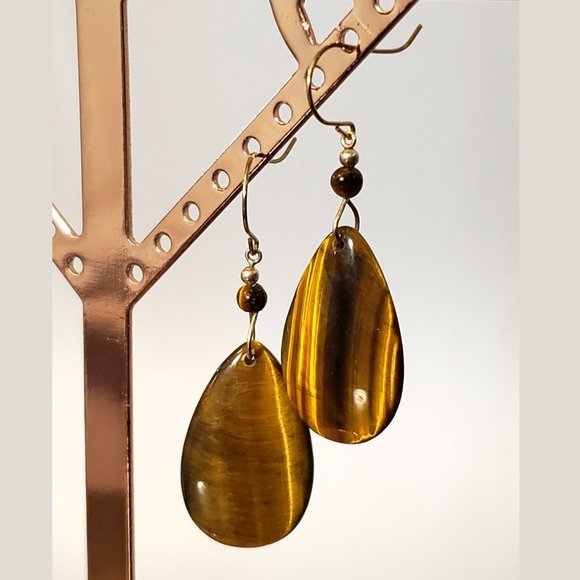 Gorgeous Natural Tiger Eye Teardrop Earrings - Picture 4 of 4
